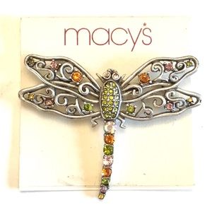 NEW Macy’s Dragonfly Silver-tone Multi-Color Rhinestone Brooch Pin